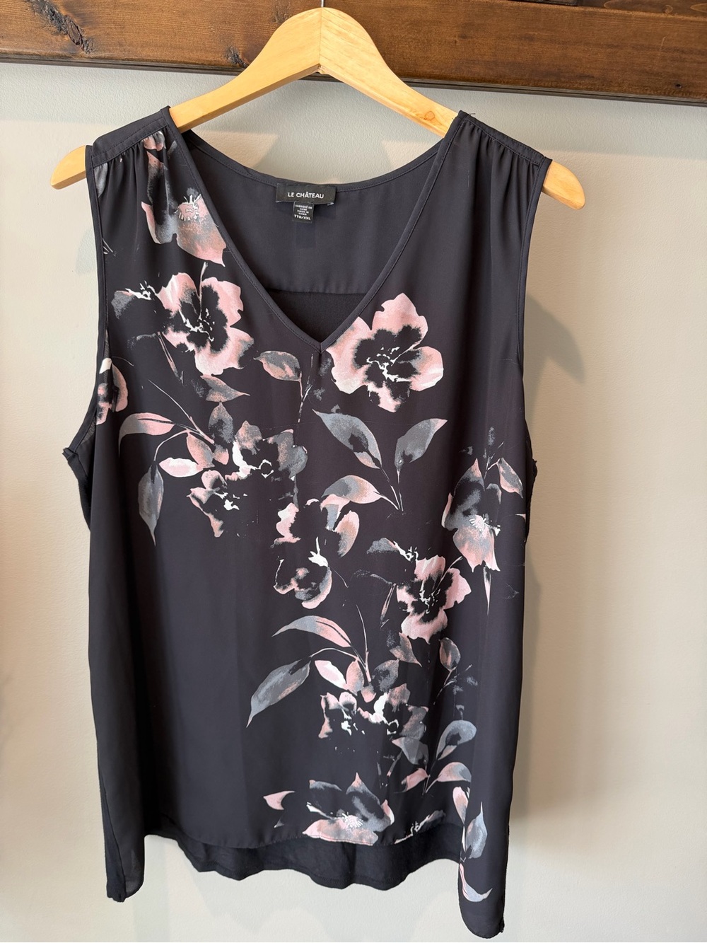 le chateau Black Floral V-Neck Camisole with Pink Accents
